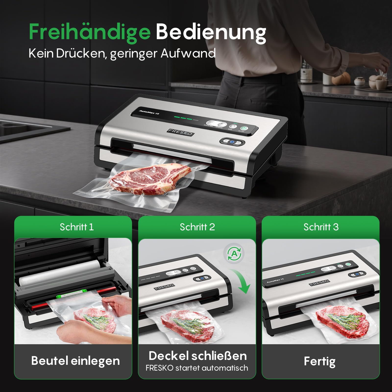 FRESKO Vakuumiergerät 18L/min,140 W, Integrierter Beutelschneider, AutoMax | Vollautomatisches System mit Stauraum, Vakuumiergerät Testsieger Note 1,2, 1 Vakuumrolle sowie 10 Beutel, V8