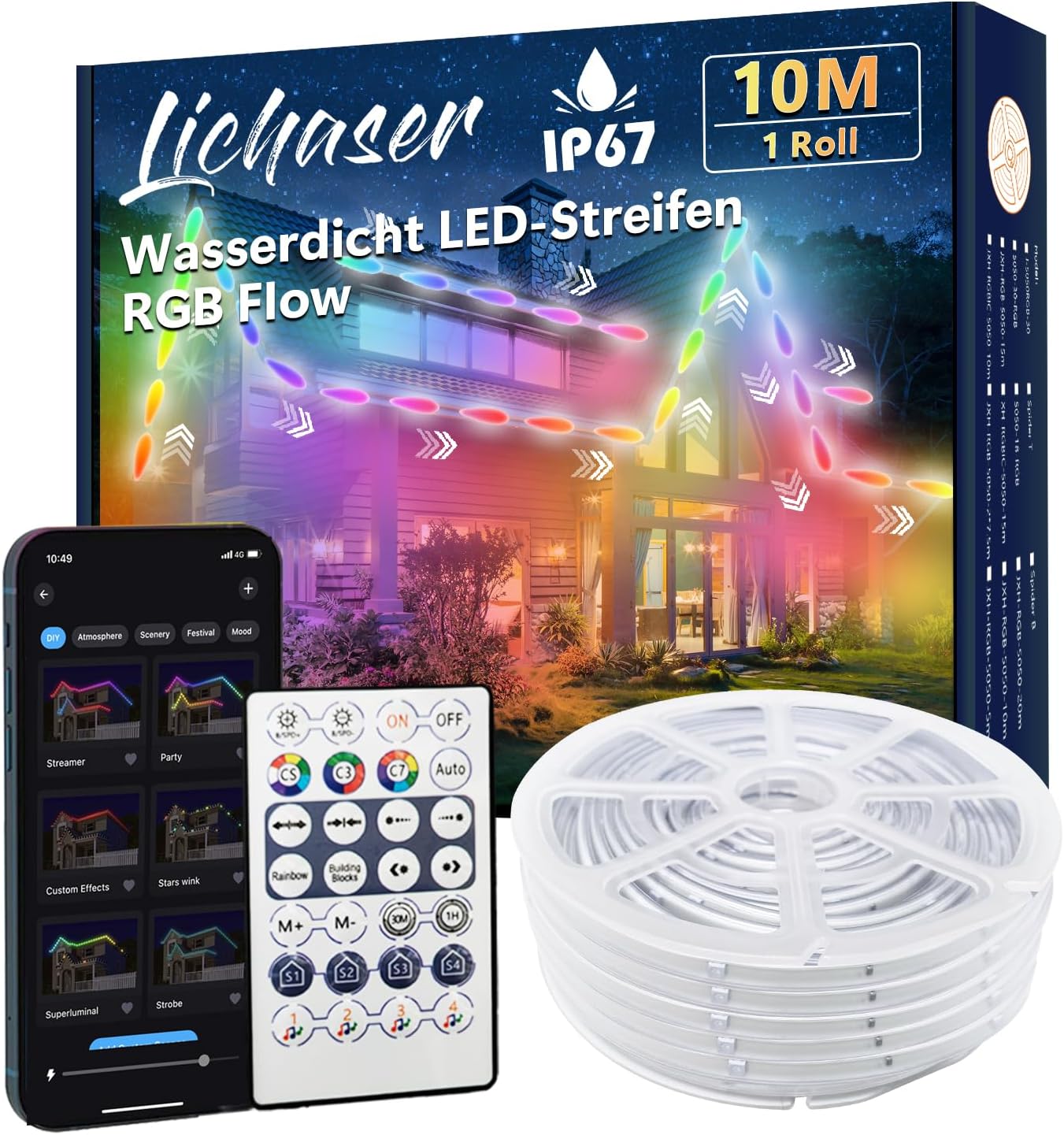 LUXONIC Waterdichte LED Strip 5m, 60 LED/meter, 300 LED, 5050 SMD RGB ledstrip, APP en afstandsbediening, Muzieksynchronisatie, 24V Flexibel LED licht voor decoratie Kamer, Speelzaal, Feest, Festival