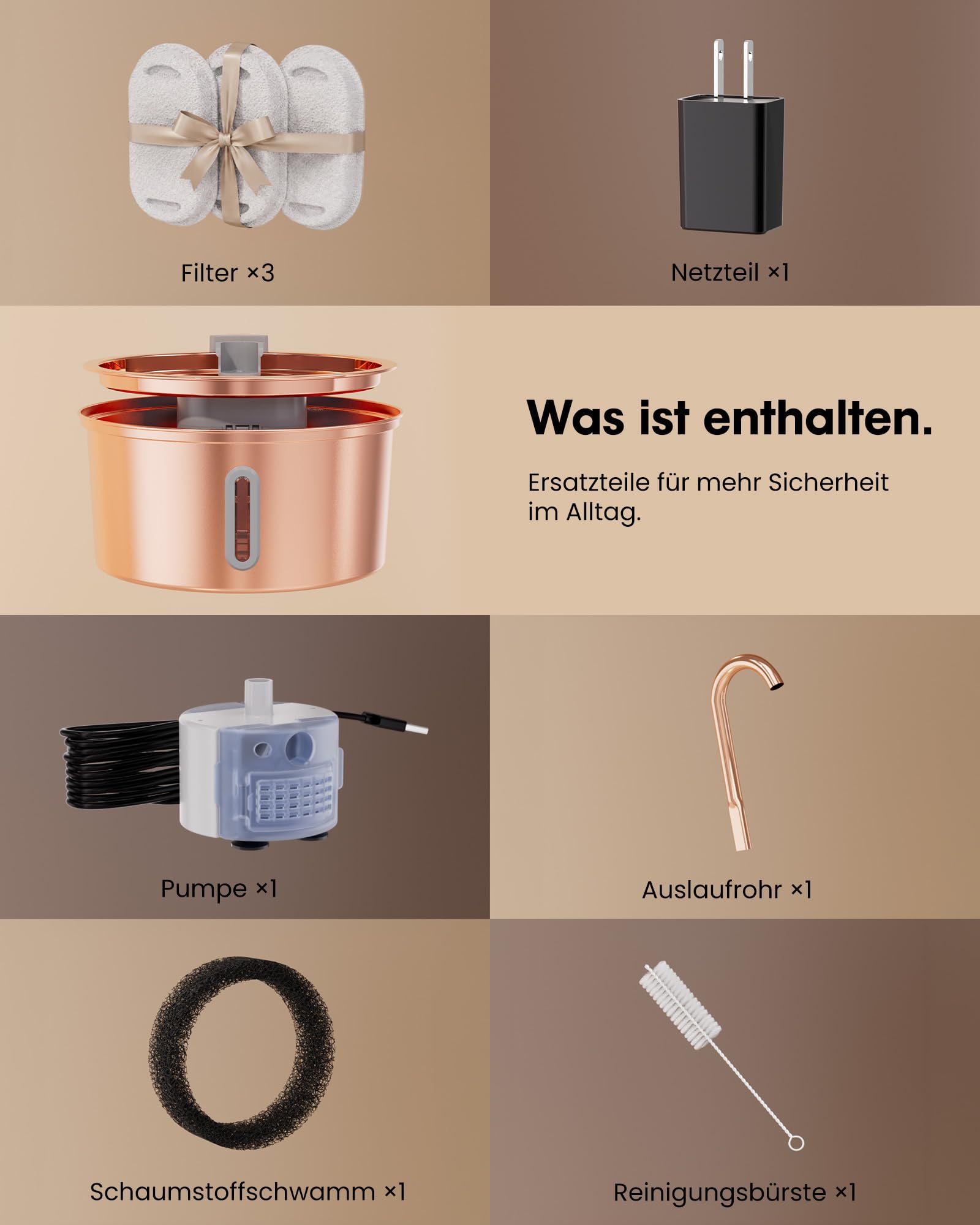 Kittyspout Katzenbrunnen 3,2L aus Edelstahl, mit 3 Filtern und Sichtfenster | Besonders leiser Trinkbrunnen für Katzen und kleine Hunde mit sanfter LED-Beleuchtung, Kupferoberfläche
