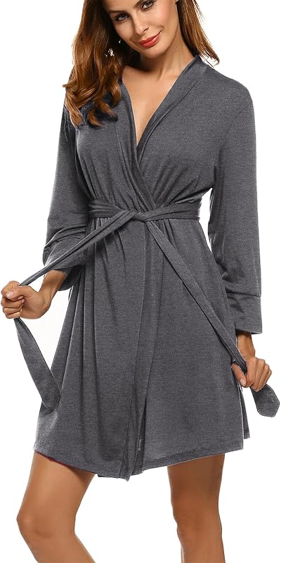 HOTOUCH Bata para mujer Albornoz de punto corto y ligero Ropa de dormir suave para mujer | Tejido de punto súper suave, mangas 3/4 con puños elásticos, dos bolsillos laterales, cinturón fijo, largo hasta la rodilla.