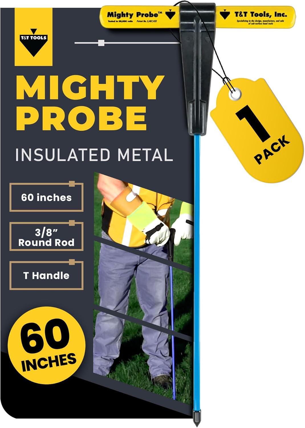 T&T Tools 60-Inch Mighty Probe Insulated Metal Soil Probe  3/8" Metal Round Rod, Heavy Duty Design for Easy Penetration & Withdrawal, Soil Testing & Landscaping Tools, T-Handle, USA-Made-1 Pack