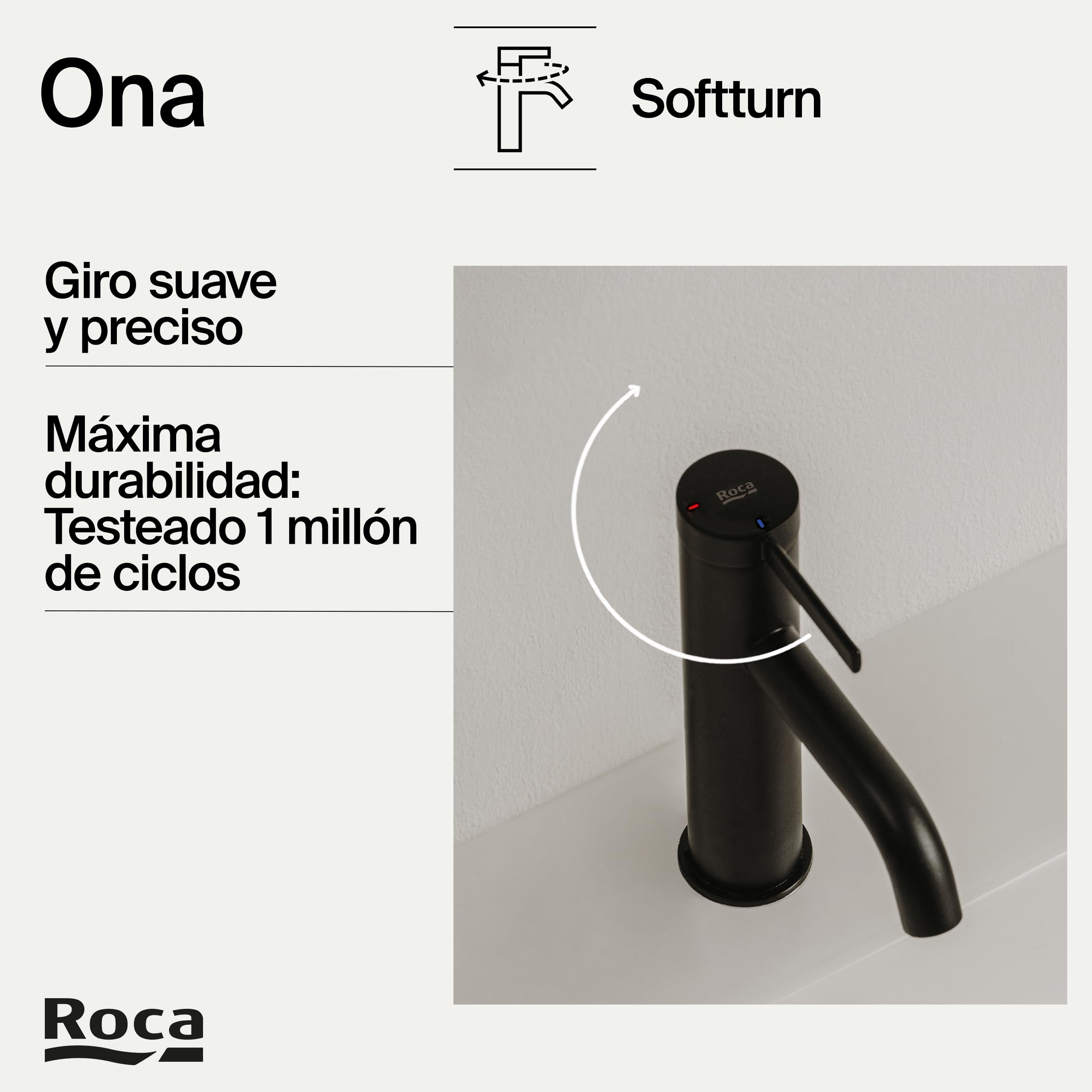 Roca Ona Grifería para lavabo con tecnología Cold Start, grifo monomando con enlaces de alimentación flexibles de fácil instalación, mezclador de baño con desagüe click-clack, negro mate, A5A3A9ENB0
