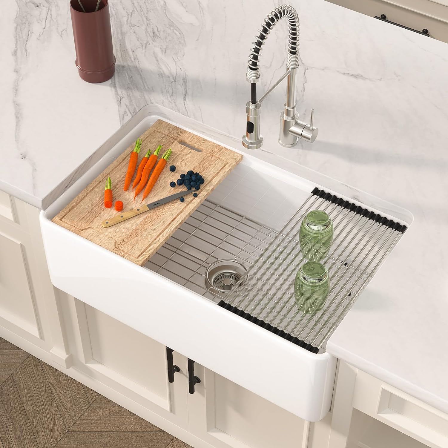 White Farmhouse Sink - 33'' x20'' Apron Front Kitchen Sink, Fireclay Porcelain Kitchen Sink, Glossy White Ceramic Farm House Style Single Bowl, 33''x20''x10''