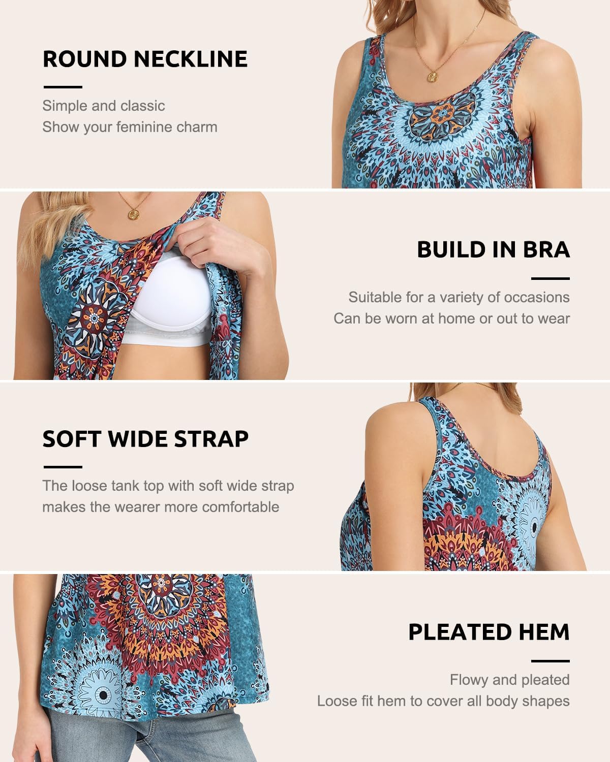 Accbiety Tank Top for Women with Built Bra Flowy Loose Fit Tanks Pleated Cami - Image 4