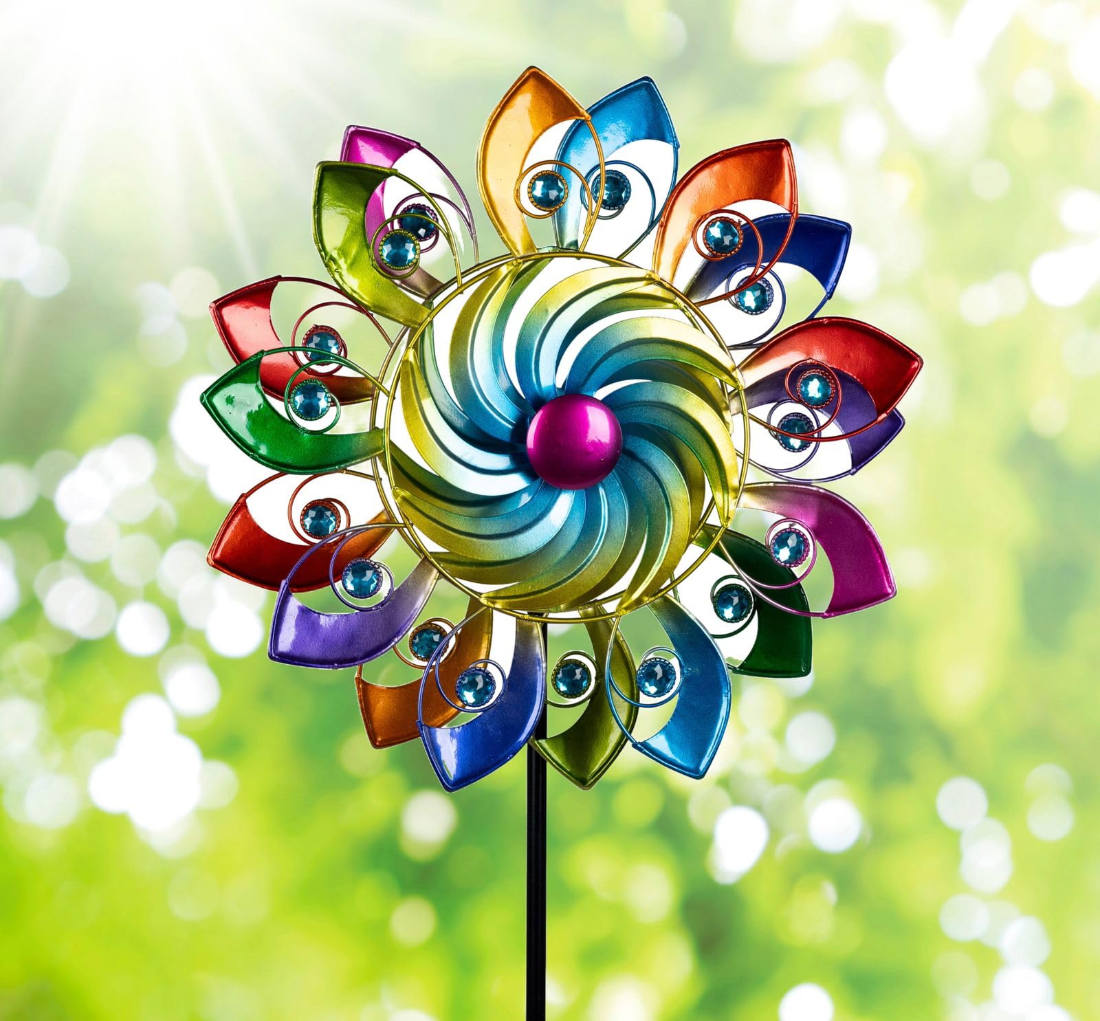 formano Buntes Windrad Blume Garten Metall Windspiel Windmühle 124 cm Gartendeko Blumenstecker Taubenabwehr Vogelabwehr Acryl-Steine Gartenfigur Dekoration Außen Windspiel Metall-Blume