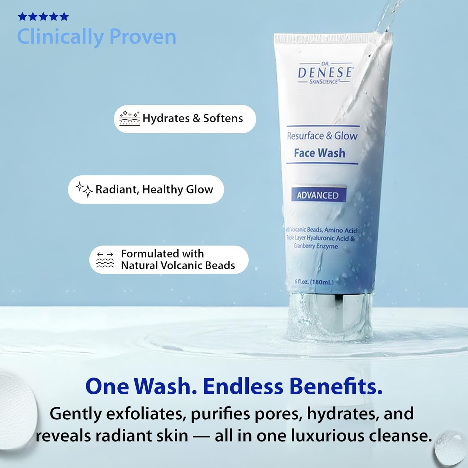 Dr. Denese Resurface & Glow Advanced Face Wash 6 oz – Gentle Exfoliating Cleanser for Radiant, Hydrated Skin – Luxurious Daily Face Wash That Smooths, Softens & Nourishes for a Spa-Like Glow