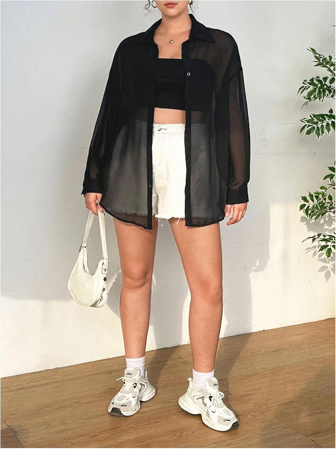 OYOANGLE Women's Plus Size Mesh Sheer Long Sleeve Button Down Shirts See Through Loose Summer Top - Image 6