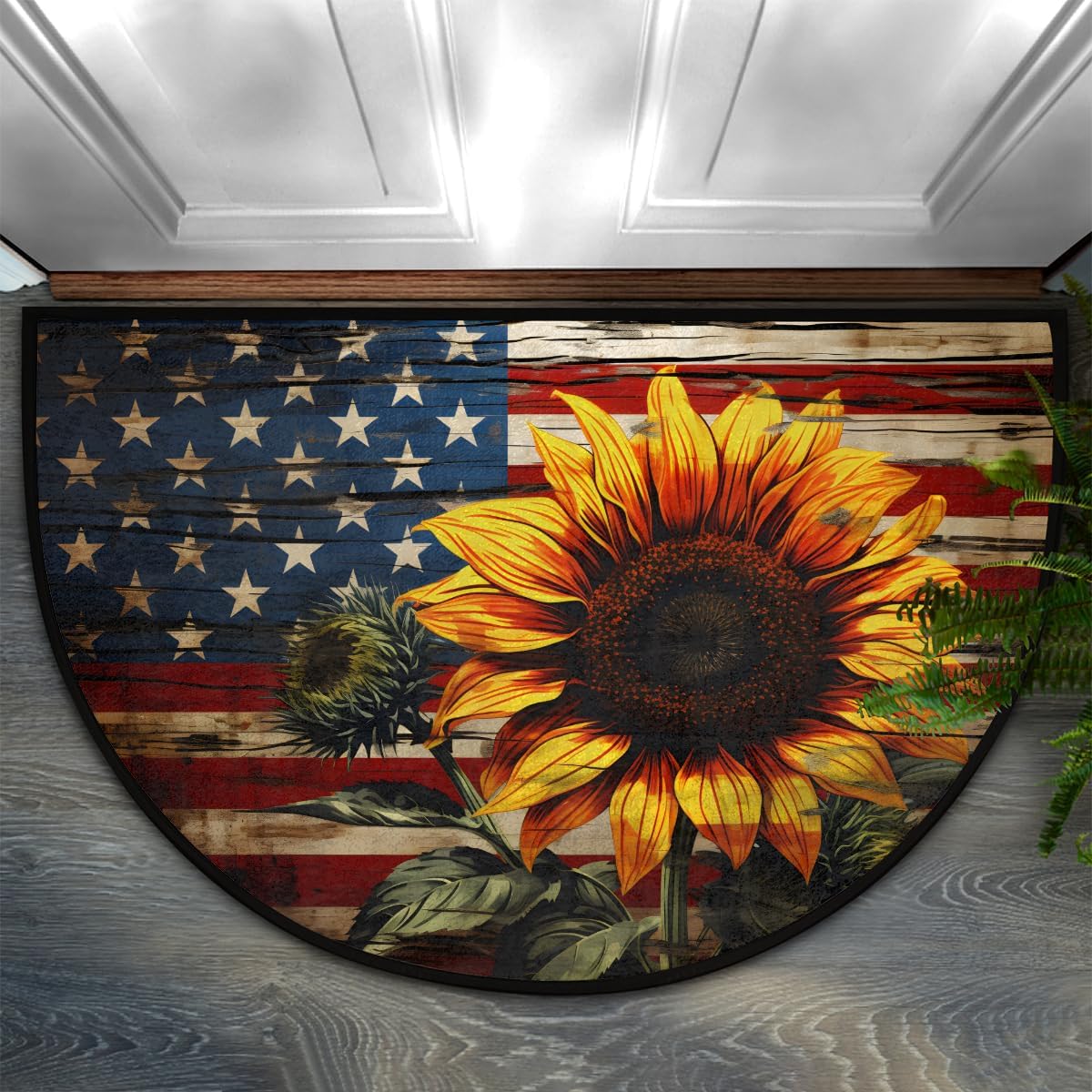 Half Round Door Mat Independence Day Sunflower Flag Half Moon Rug Washable Half Circle Area Rugs Indoor Entrance Non Slip Semi Circle Bathroom Rugs Floor Carpet for Kithen Bedroom Fireplace Decor