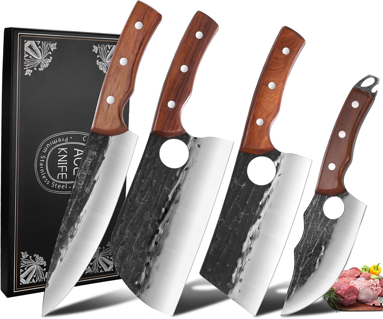 Chef Knife Set, 4 PCS Japanese Kitchen Butcher Knife Set, Serbian Chef Knives Meat Cleaver Viking Boning Knives, Professional Hand Forged, for Home Outdoor Cooking Camping BBQ