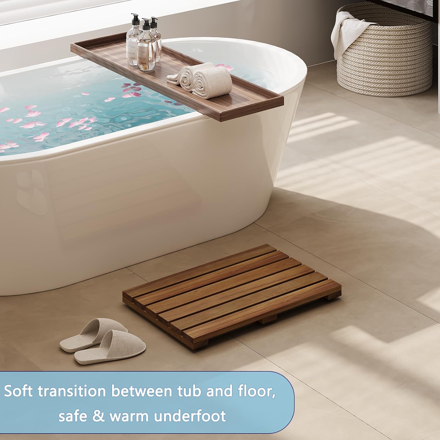 19.7"x13" Solid Acacia Wood Shower Mat, Non Slip Wooden Bath Mat, Indoor Outdoor Entryway Door Mat Multi-Purpose Plant Stand for Shower Bathtub Pool Spa Garden (Small)