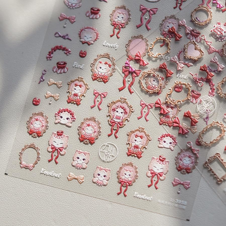 Image of Cat Nail Stickers Pink Bow Nail Decals Retro Portrait Self-Adhesive Nail Art Decals Cute Style 5D Embossed Self Adhesive Manicure Decorations for Women Manicure Salon DIY Design