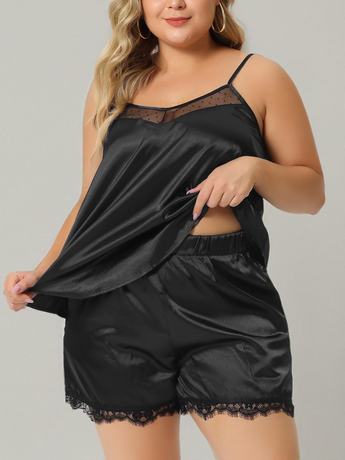 Agnes Orinda Plus Size Satin Lace Pajama Sets for Women Lingerie Sleepwear 2 Piece Cami Shorts Set Pj Nightwear - Image 6