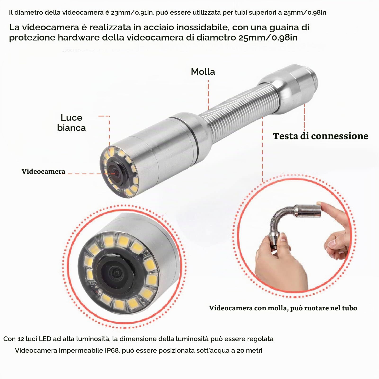 Accessori per telecamera di ispezione tubolare , testa di ispezione tubo professionale , vista a 140 gradi , 23 mm , resistente alla ruggine , con 12 luci LED per camera tubolare