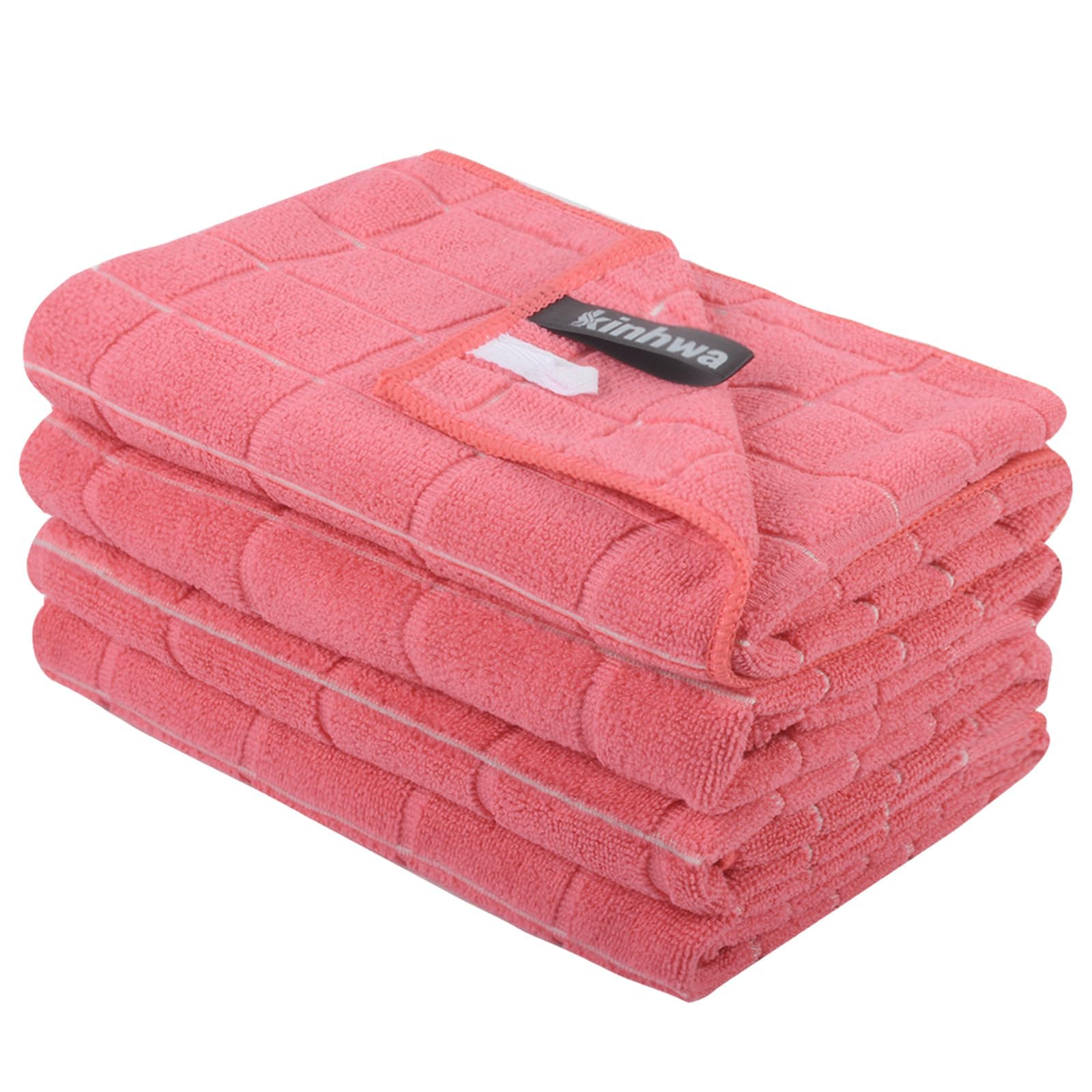 KinHwa 4er Set Geschirrtücher Mikrofaser in 45x65cm Hochsaugfähig & Langlebig Fusselfrei Streifen Geschirrtuch -Tea Towels-Küchentücher Dicke Premium Geschirrtuch(Rosa)