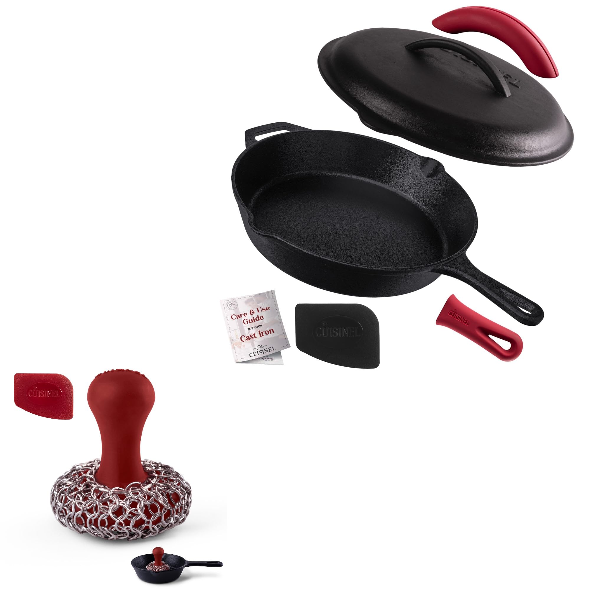 Cuisinel12"-inch Cast Iron Skillet with Lid + Ergonomic Chainmail Scrubber + Pan Scraper - Combination Cookware and Accessories