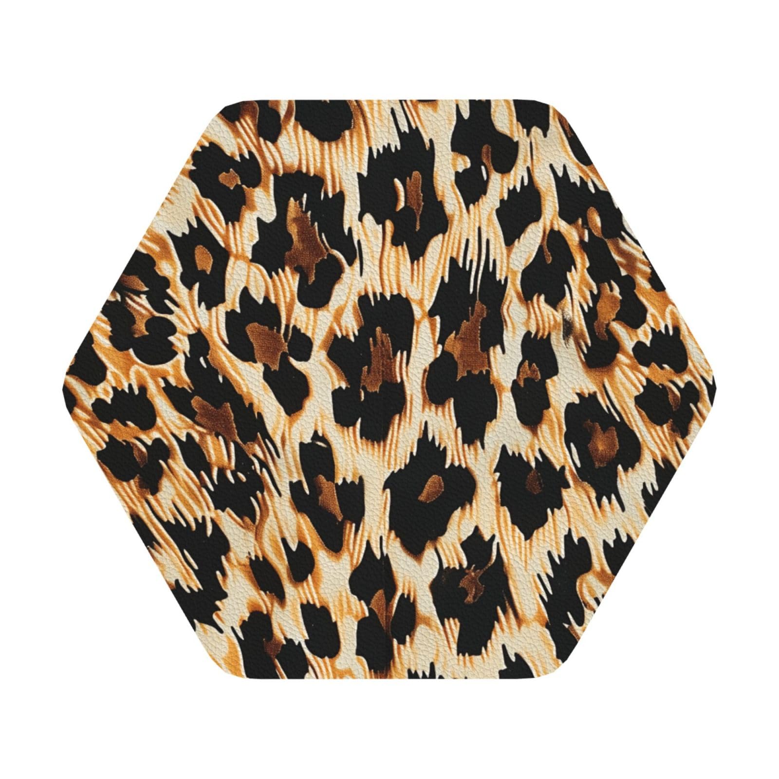Leopard Print Print Leather Coaster Set of 6, Hexagon Coasters Table Decorative Coffee Cup Beverage Coasters Wine Beer Bar Coasters for Hot Drinks Table Protection