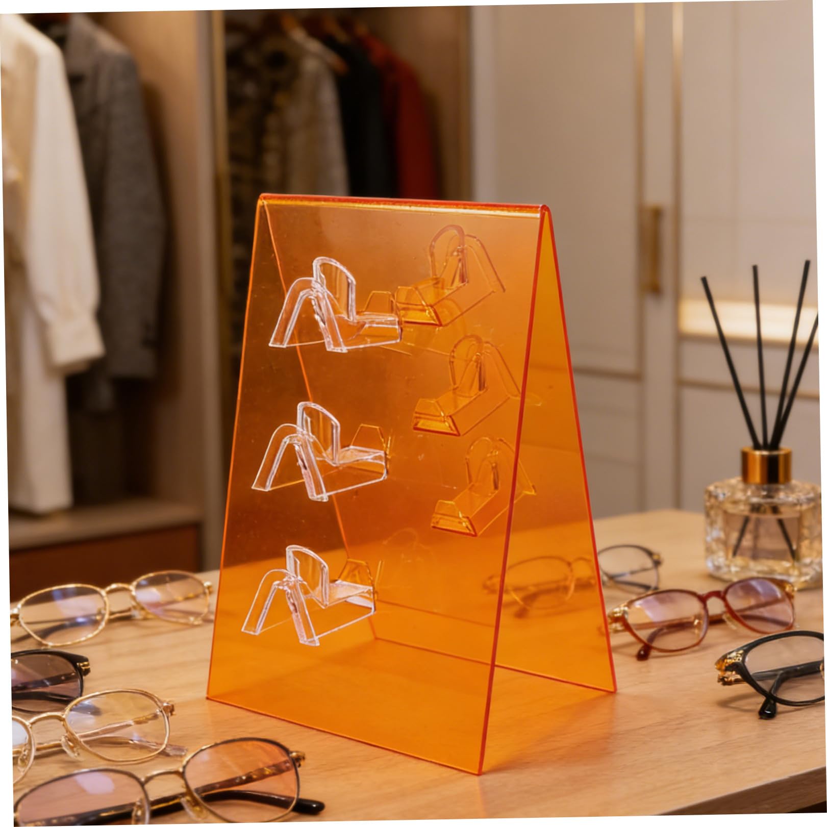Espositore per Occhiali in Acrilico Trasparente Doppia Faccia Base Stabile e Design Moderno per Negozi ed Esposizioni Arancione