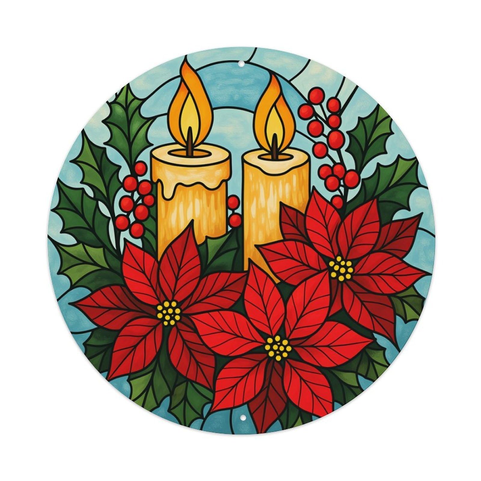 Candles Poinsettias Holly Berries Leaves Round Tin Sign Retro Metal Sign for Cafe Bar Pub Home Game Room Gym Club Wall Decoration Vintage Metal Poster 8x8 Inch