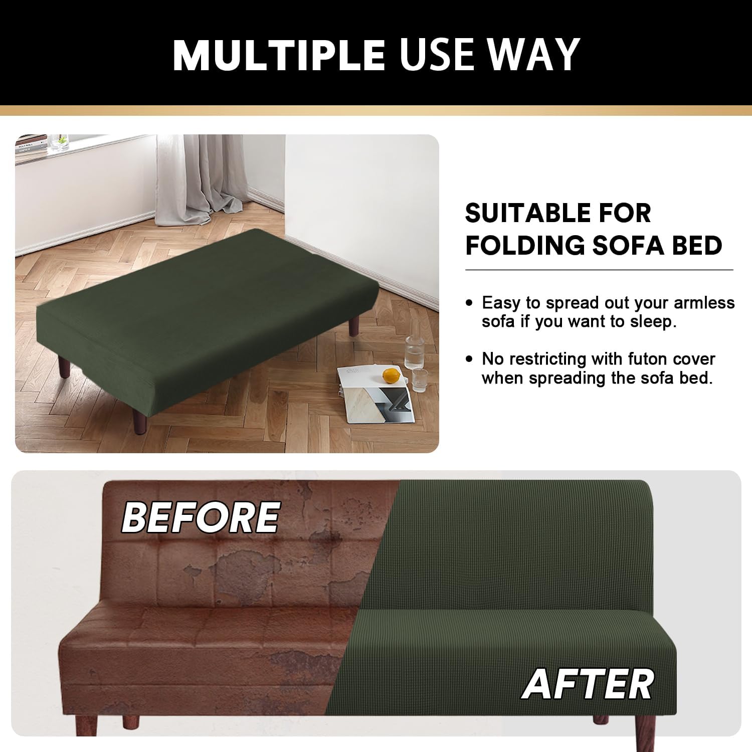 PrinceDeco Stretch Armless Futon Cover Futon Slipcover Full Queen Size Couch Cover Futon Sofa Bed Cover Furniture Protector with Elastic Bottom, Machine Washable,Olive