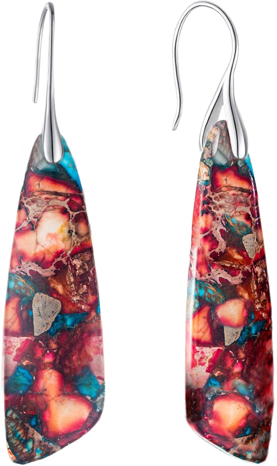 925 Sterling Silver Natural Imperial Jasper Dangle Drop Earrings, Multicolor, Boho Style