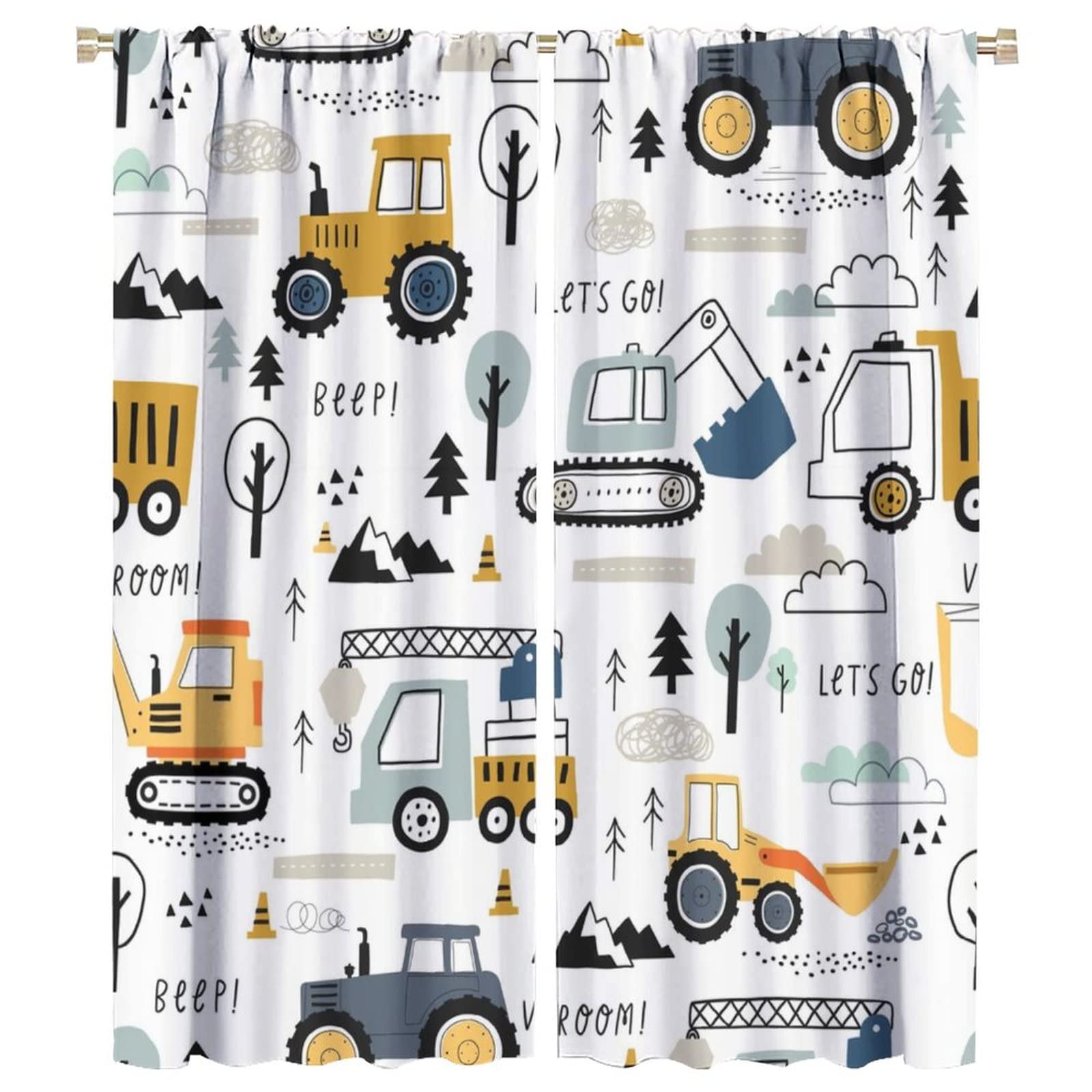 INSFBRB Construction Truck Rod Pocket Blackout Curtains for Living Room,Thermal Insulated Room Darkening Boys Kids Hand Painting Cartoon Excavator