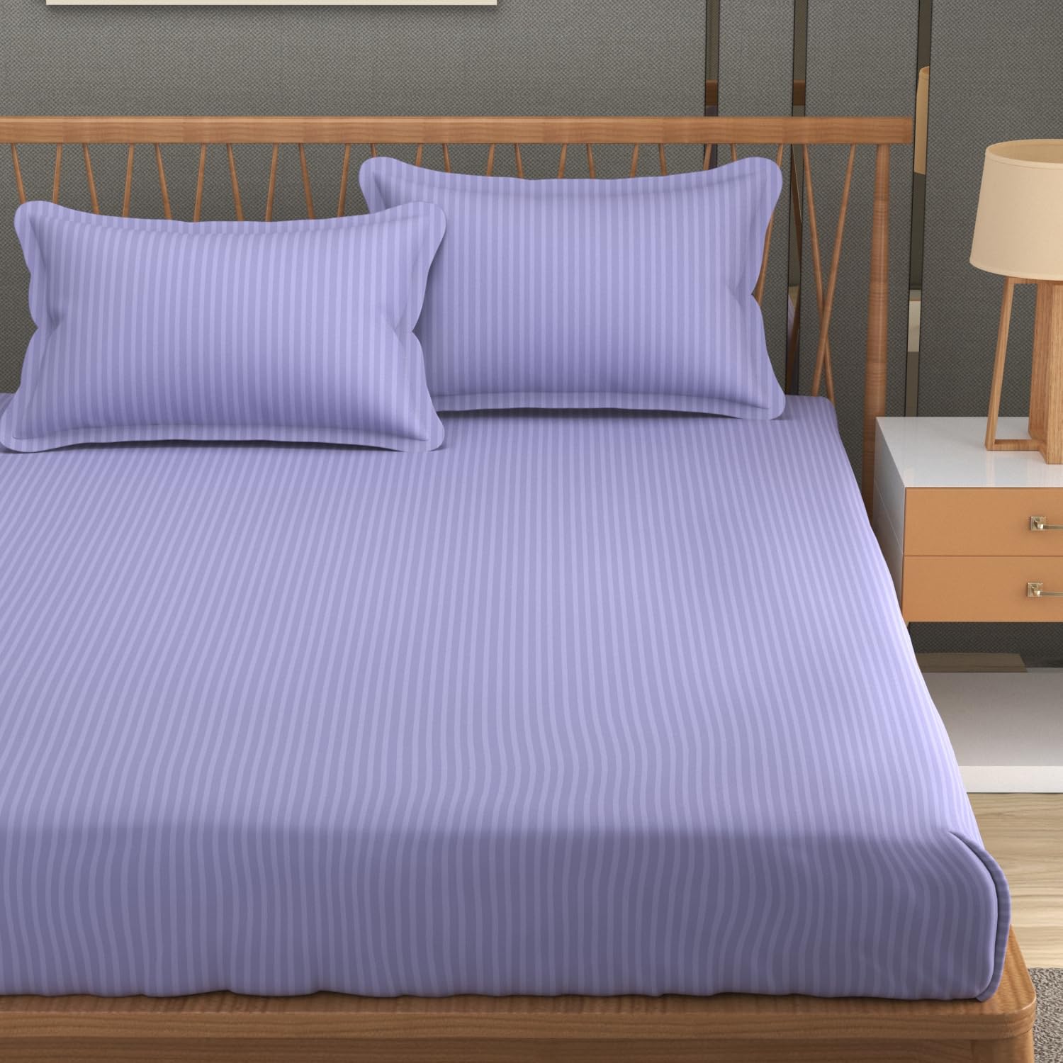 Homefab India 160 TC Stripe Glace Cotton Double BedSheet with 2 Pillow Covers - (90x90 inches) - Purple