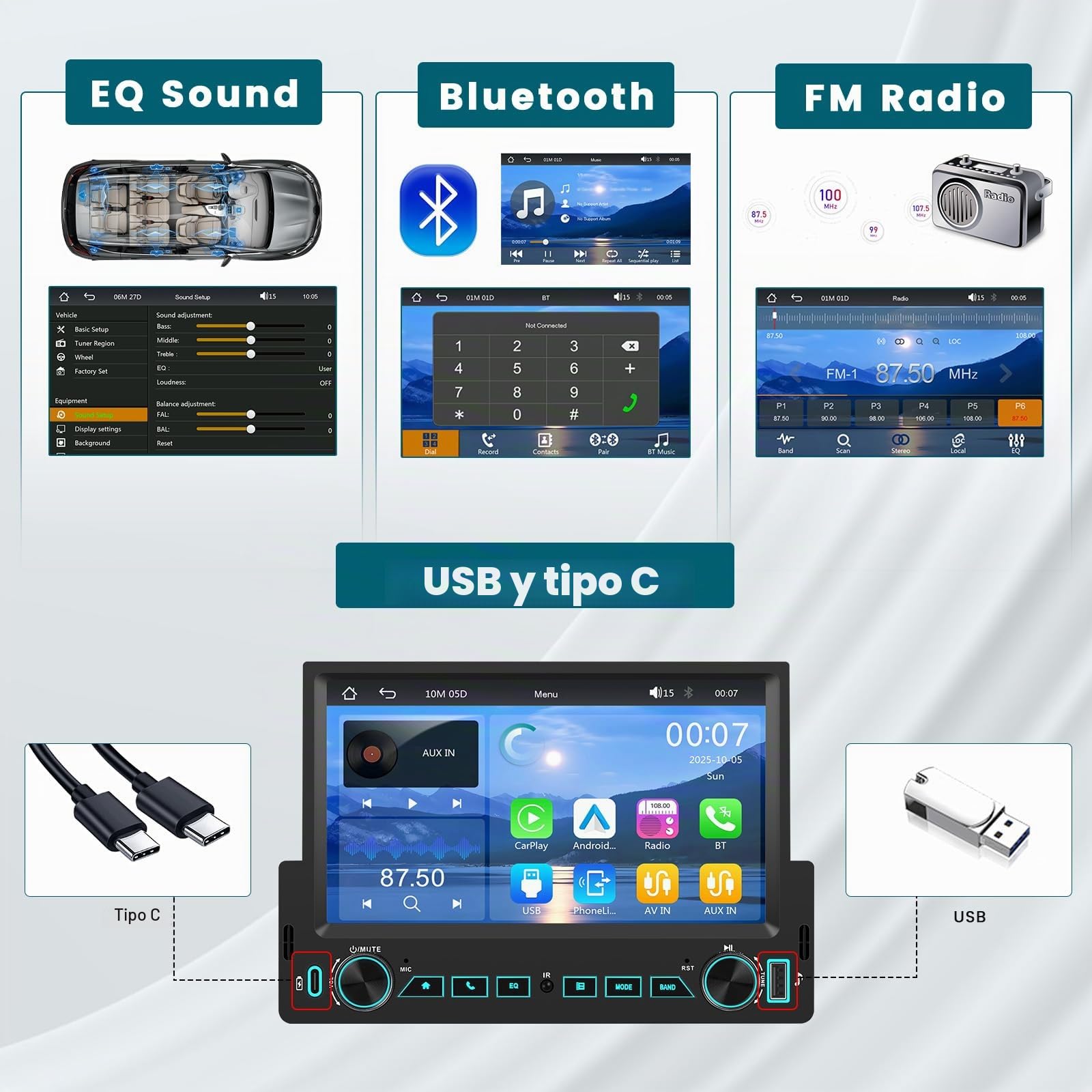 Hikity Radio Coche Bluetooth 1 DIN con Carplay Android Auto inalámbrico, Radio 1 DIN con Pantalla Táctil de 7 Pulgadas, Lien Miroir, Radio FM, Tipo-C + USB, SWC, EQ, Cámara Trasera