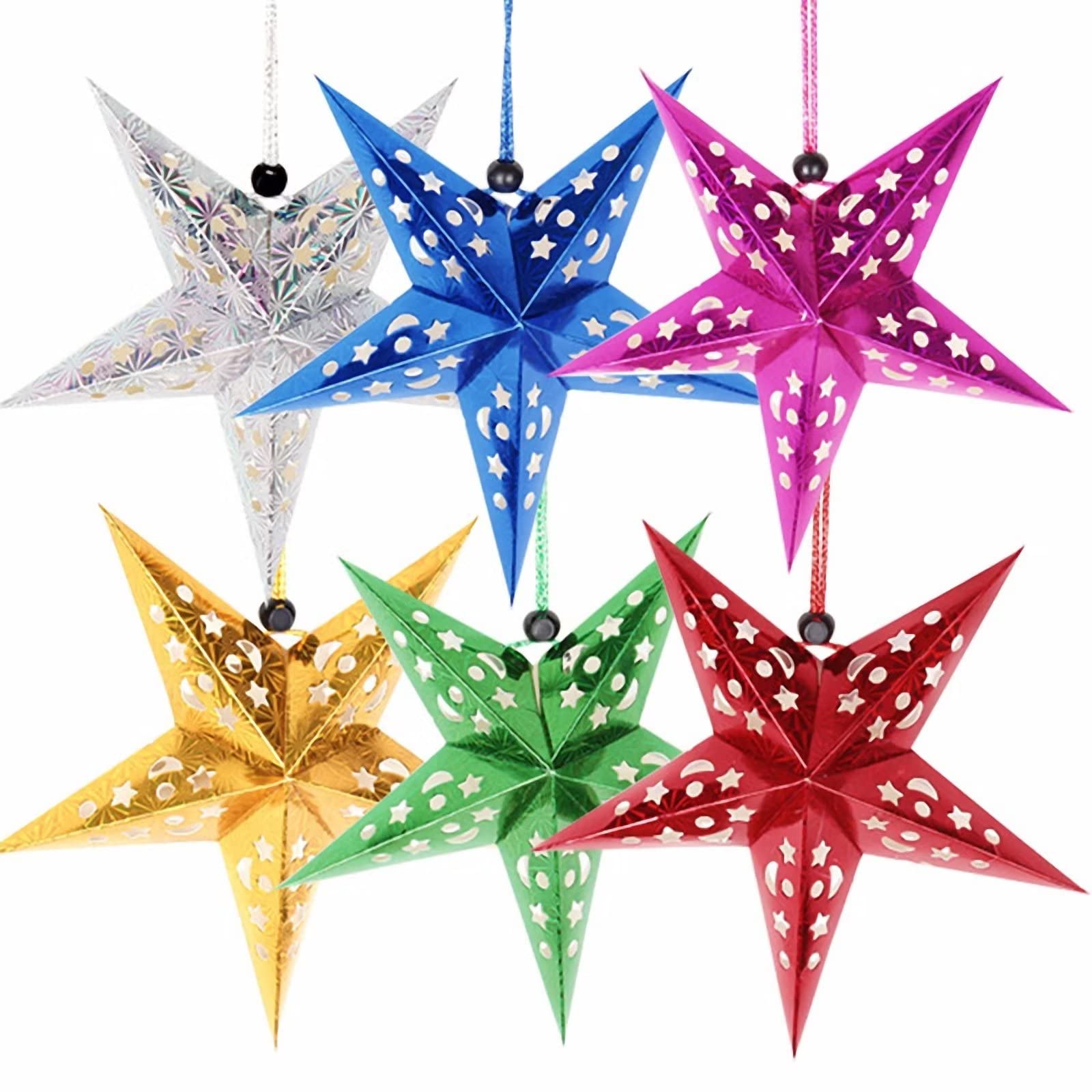 Juego de 6 adornos para árbol de Navidad, papel láser, diseño de estrella de luna hueca, decoración colgante de árbol de Navidad, adornos de Navidad, suministros de fiesta, regalos de decoración de