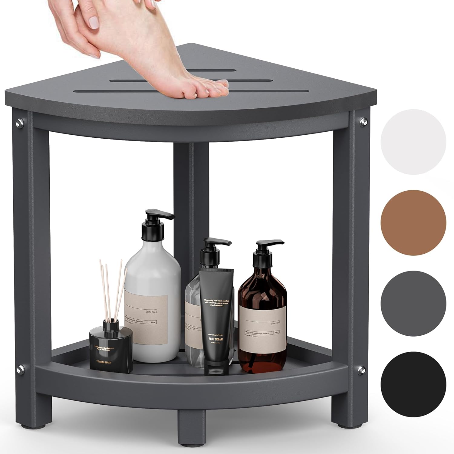 Shower Stool for Inside Shower, Corner Shower Bench Seat, HDPE Waterproof Shower Stool for Shaving Legs with Baffle Storage Shelf, Shower Seat/Foot Rest for Bathroom, Indoor/Outdoor Use, Grey