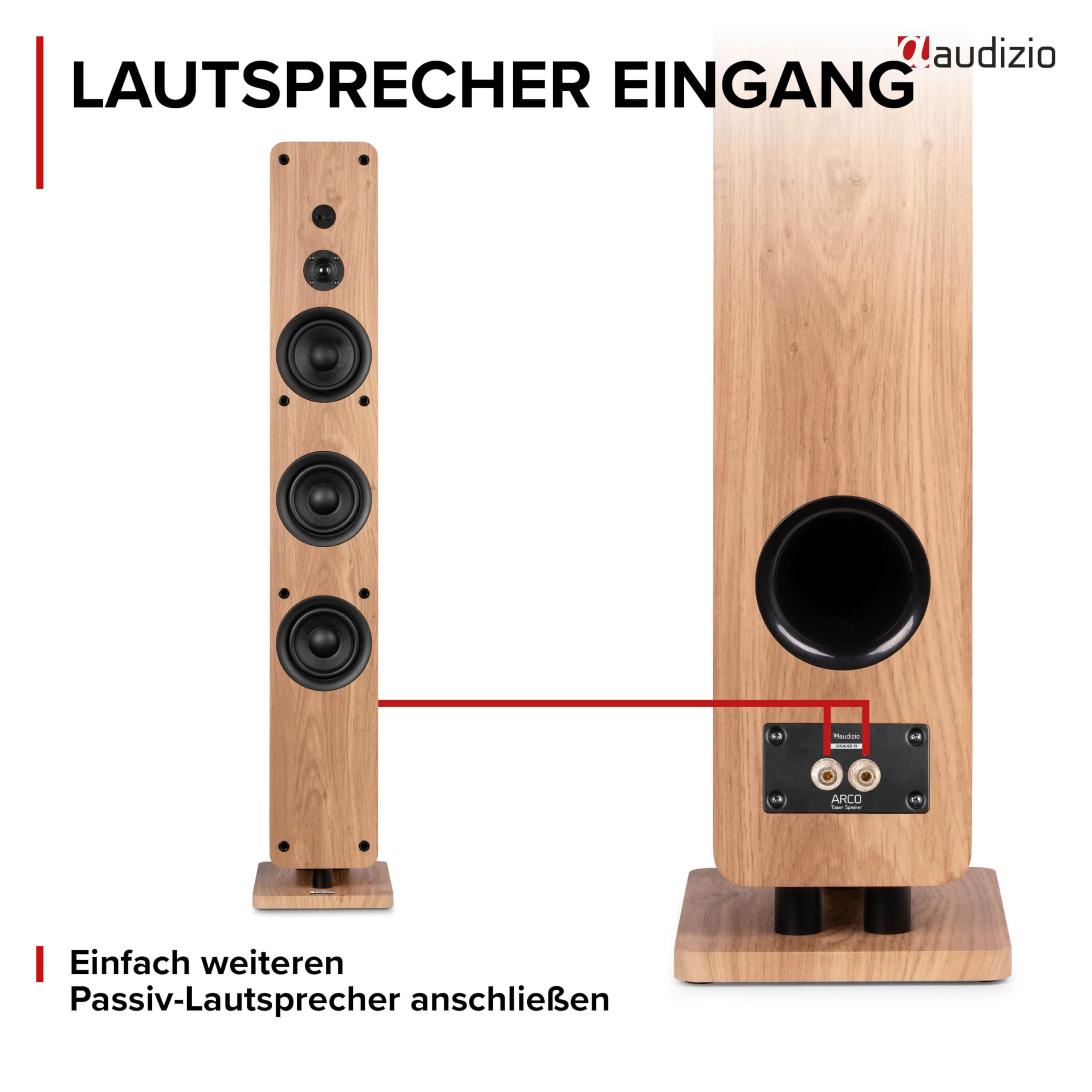 Audizio Arco Standlautsprecher Aktiv 2er Set Bluetooth 5.4 DAB Radio 320 Watt HiFi Lautsprecher Musikanlage Heimkino Soundsystem LED Licht Holzoptik Braun