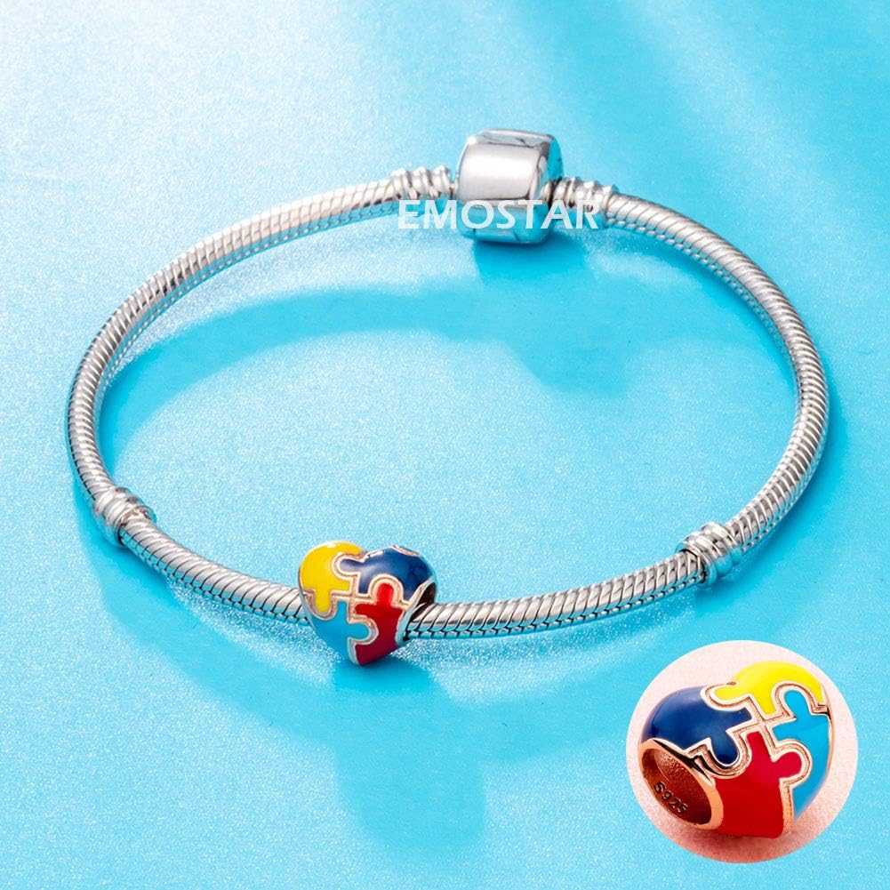 Autism Awareness Charm for European DIY Bracelet, 925 Sterling Silver Puzzle Piece Enamel Charms, Live Love Laugh Charms, I Love You Dangle, Love Letter and Ribbon Bow Beads, for Family/Couple/Friend - Image 3