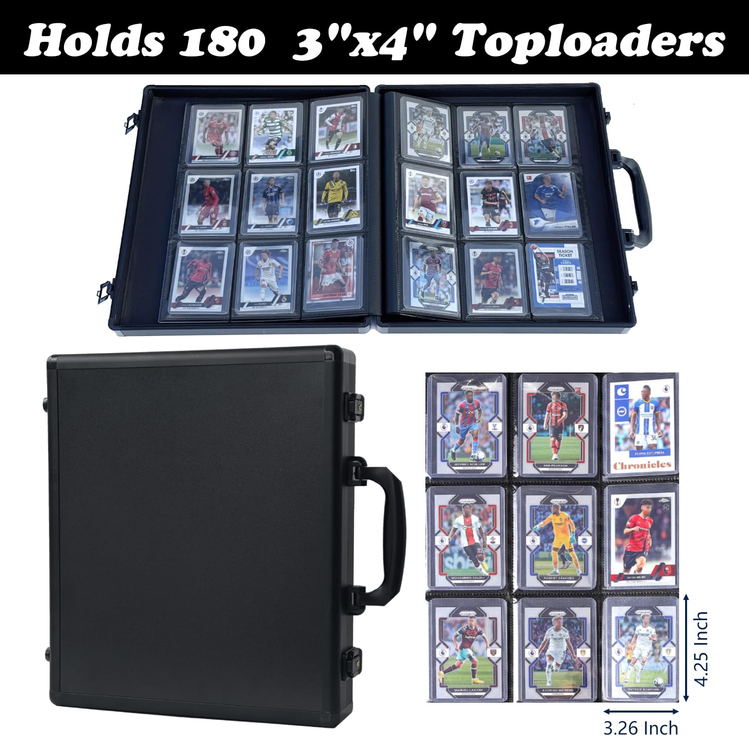 Raccoglitore Toploader per carte collezionabili, custodie rigide, contiene 180 Toploader 9 tasche per carte da 7,6 x 10,2 cm, Nero , 3 X 4 In, Moderno