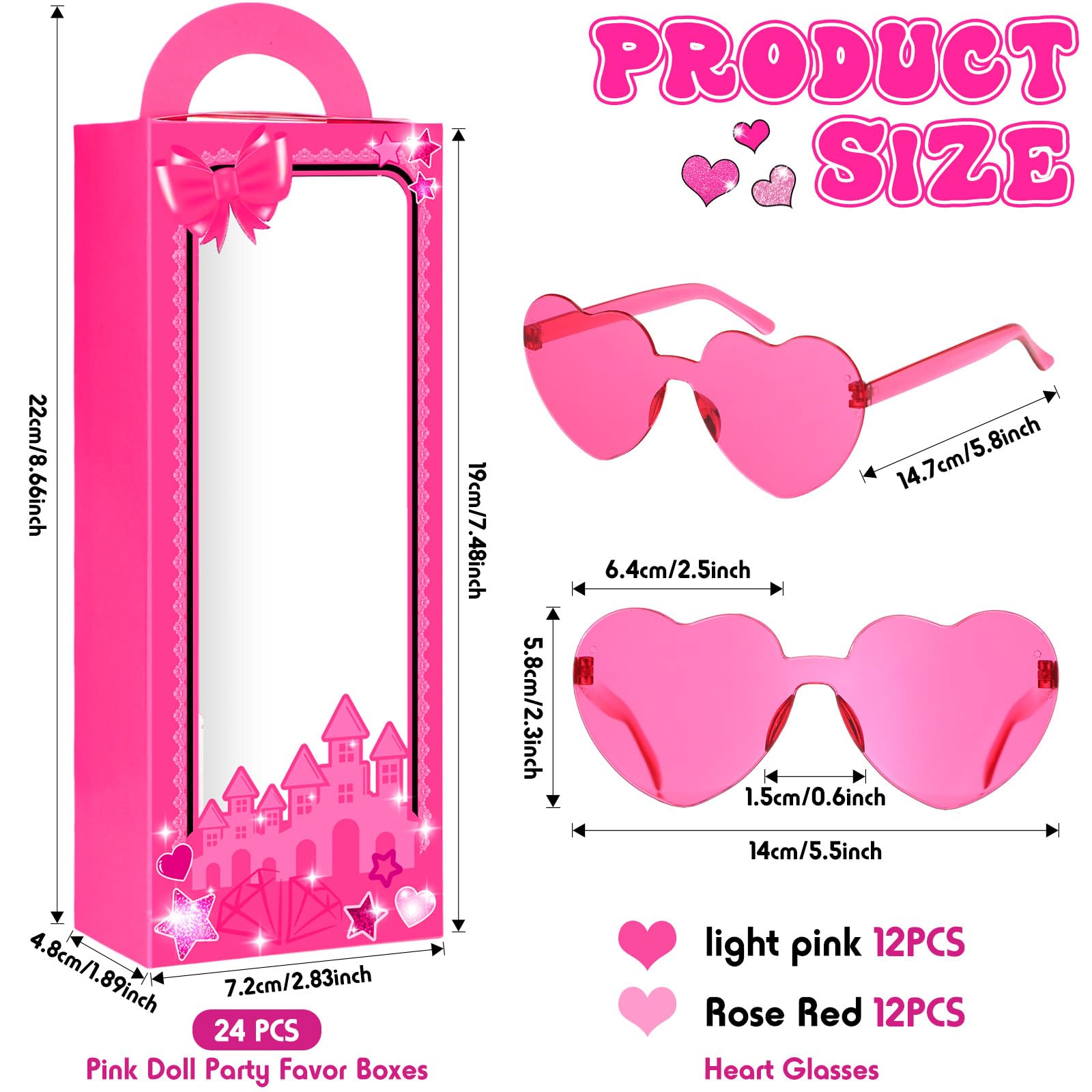 Copkim 48 Pcs Pink Doll Gift Boxes Includes 24 Party Favor Boxes and 24 Heart Sunglasses for Princess Birthday Party Decoration