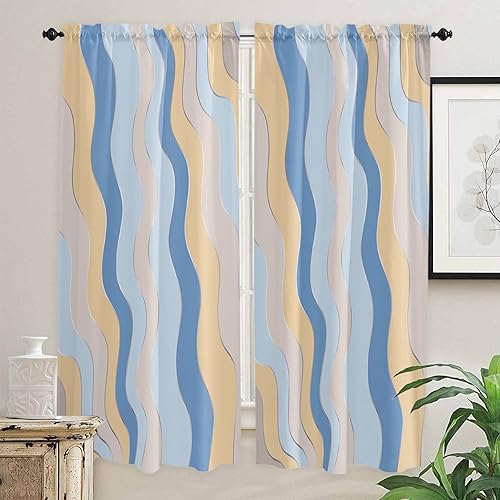 Kitchen Curtains 2 Panels Rod Pocket Tier Curtain Yellow Navy Blue Ripple Window Valance,Light Filtering Window Treatment Gradient Line Wave Art