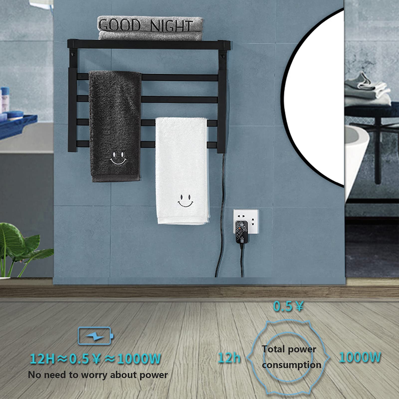 Calentador de toallas eléctrico inteligente, toallero calefactable enchufable montado en la pared de 4 barras, toallero de aluminio para espacio de baño con estante, rejilla de secado a temperatura