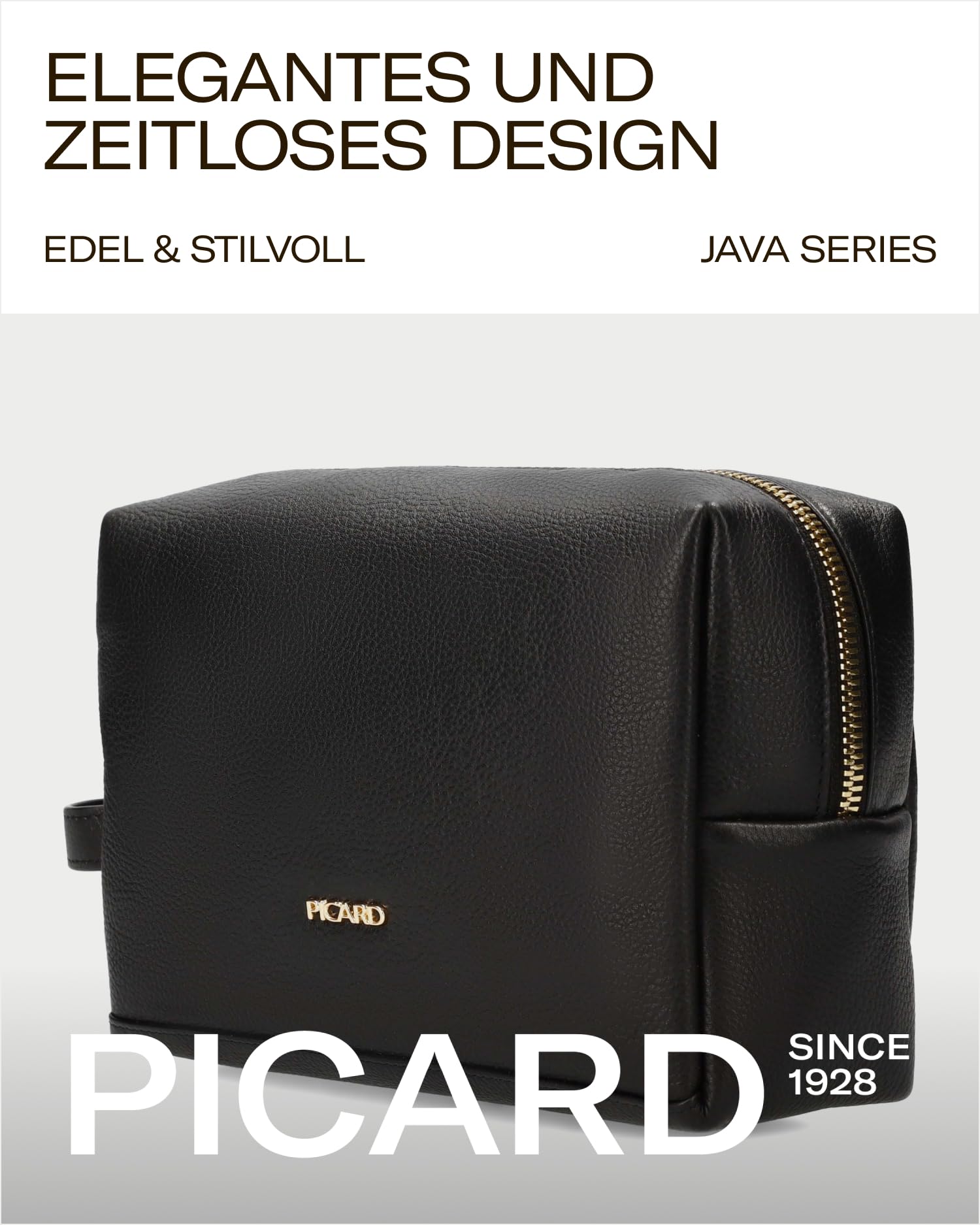 PICARD Kulturbeutel Java R259 Schwarz | Kulturtasche aus hochwertigem Rindsleder | Übersichtliche Organisation durch Steckfächer | Weites Öffnen durch umlaufenden Reißverschluss | Goldende Details
