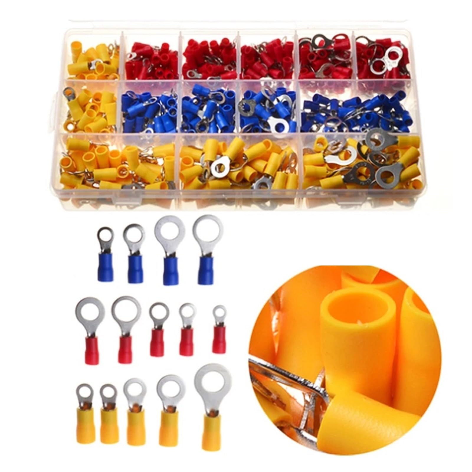 650 pz Terminali ad anello isolati rosso, blu e giallo Cavo elettrico Connettori a crimpare 22-10 AWG Kit M4/M5/M6/M8