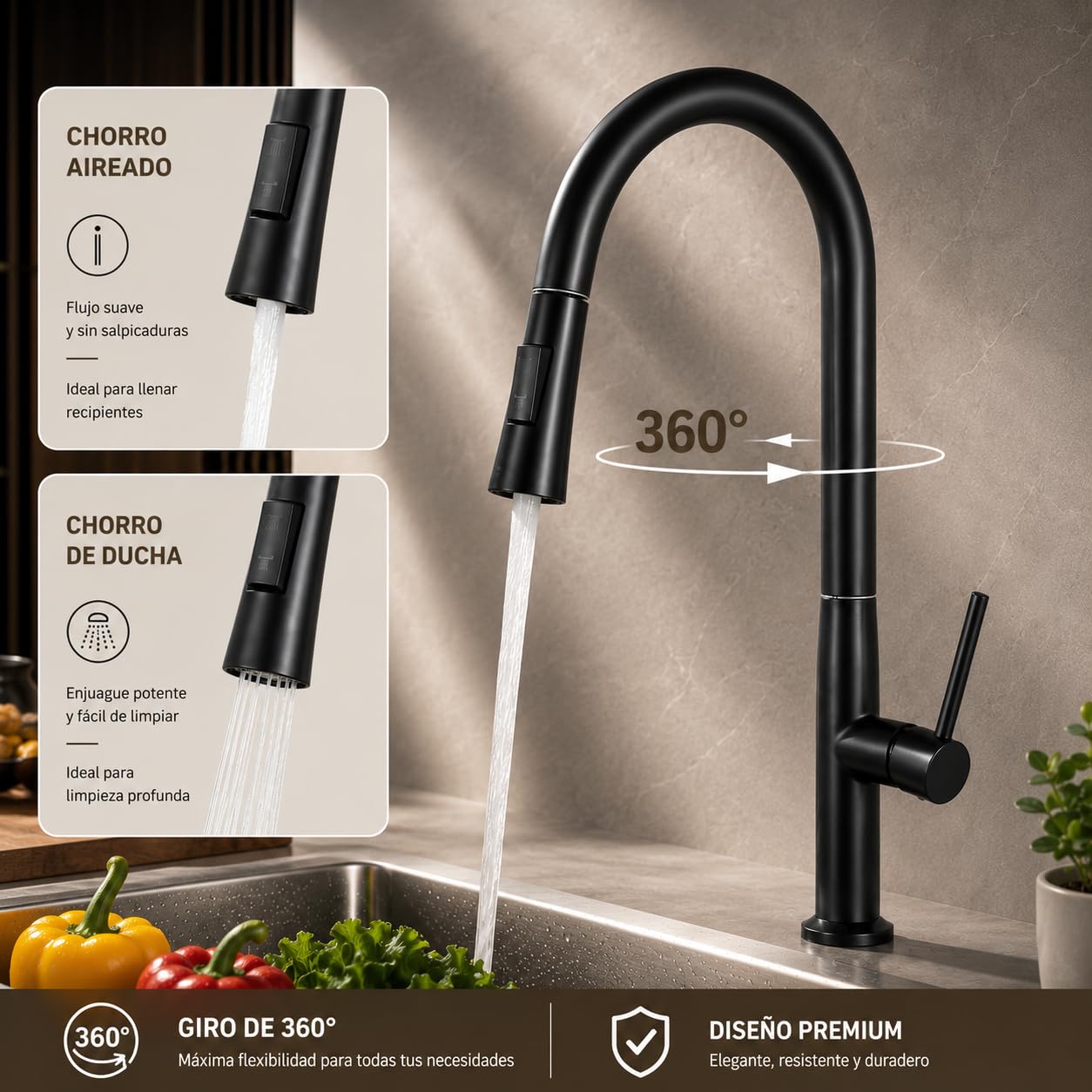 Grifo de Cocina Extraíble, Caño Alto, Giro 360°, Doble Chorro, Acero Inoxidable 304