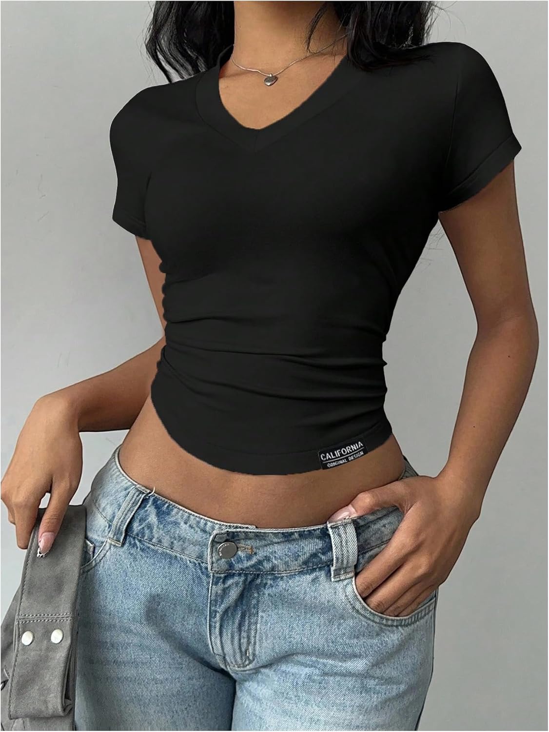 Women's Ruched V Neck T Shirts Summer Short Sleeve Fitted Basic Tees Dressy Casual Tops - Image 5