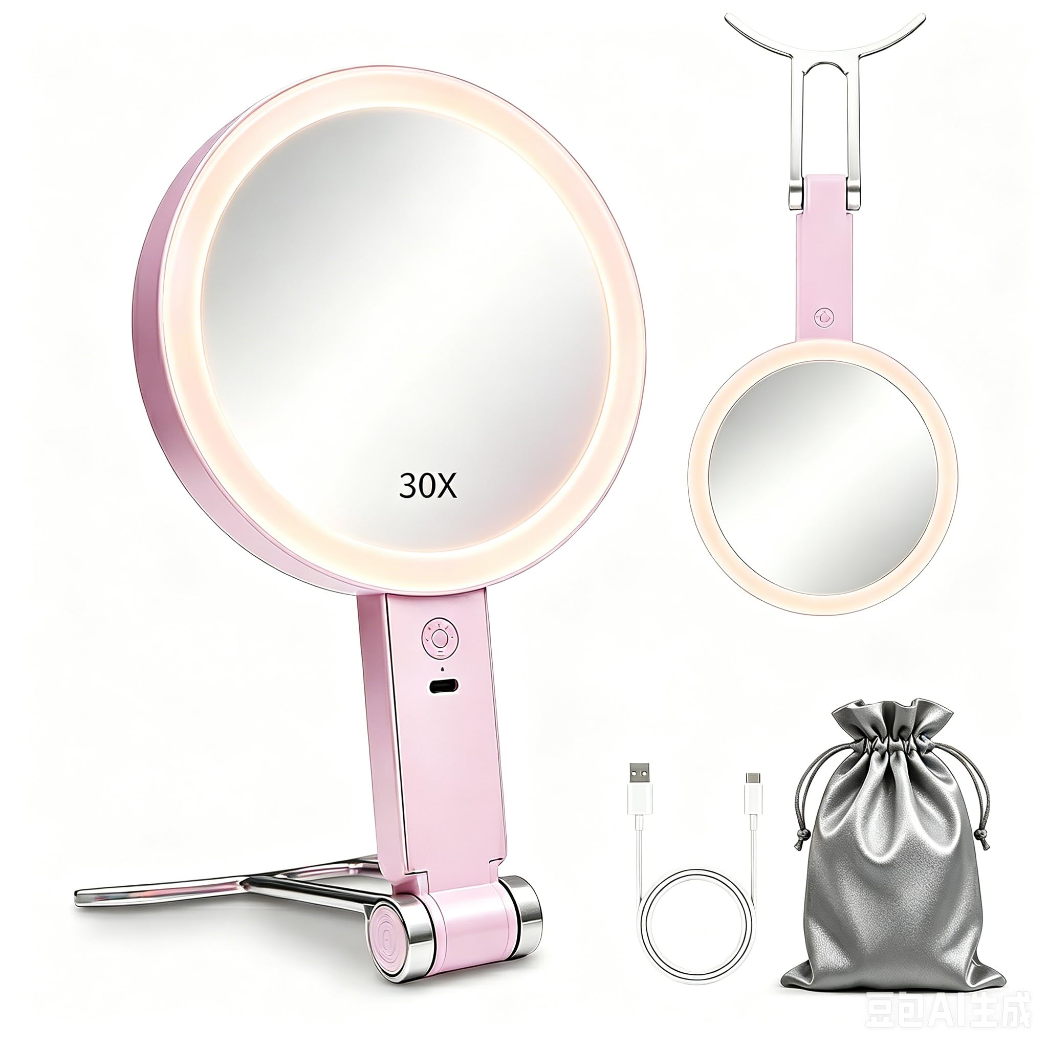 Travel Makeup Mirror with Lights for Women, Rechargeable Double-Sided 30X/1X Magnifying Mirror, Portable Lighted Vanity Mirror for Travel, Trips, Daily Makeup, 64 LED Lights, 3 Color Dimmable Lighting-image-47