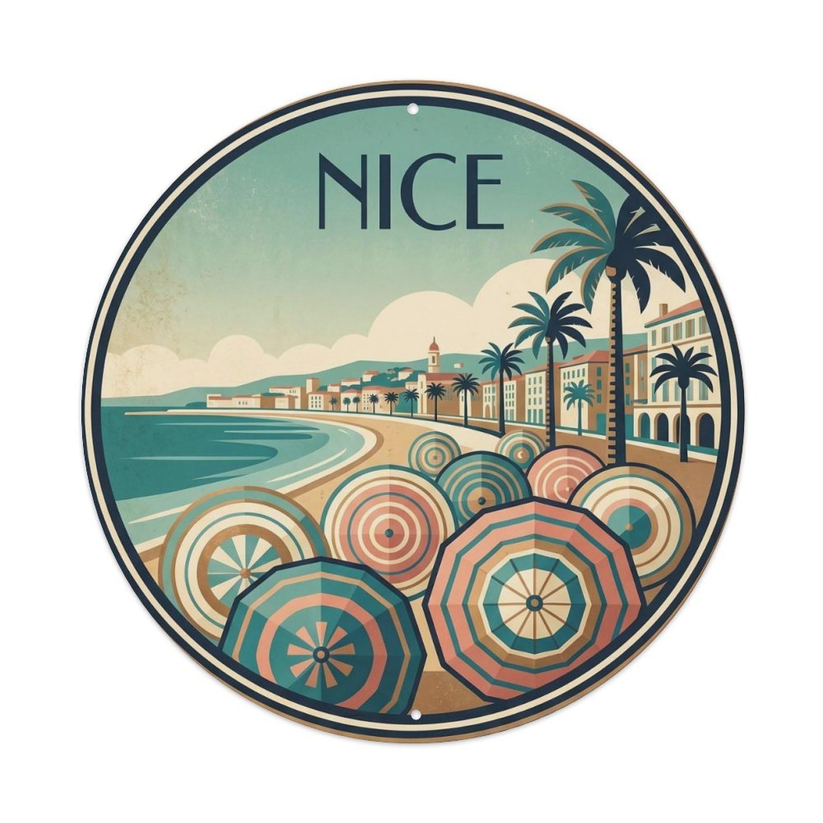 Seaside Promenade Nice France Deco Style Palm Travel Metal Tin Sign Plaque Wall Decor for Cafe, Man Cave, Club Bar, Office, Home Garden Round Metal Poster 8x8Inch