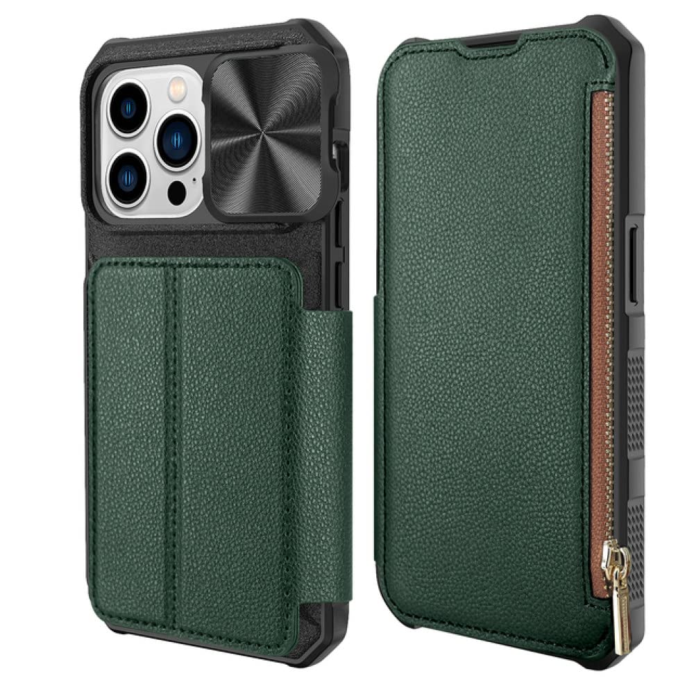 Étui portefeuille iPhone 14 Pro Max ENILSA en cuir vert canard avec protège-caméra