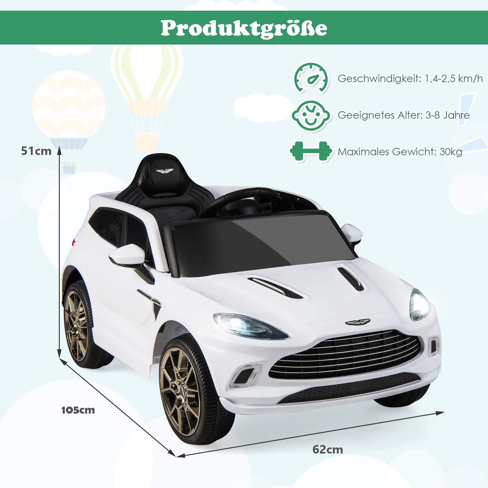 GOPLUS 12V Kinder Elektroauto Aston Martin DBX, Kinderfahrzeug mit Ferbedienung, Hupe, Musik, Schweinwerfer & Rücklicht, Kinderauto mit Slow-Start-Funktion für 3-8 Jahre alt (Weiß)