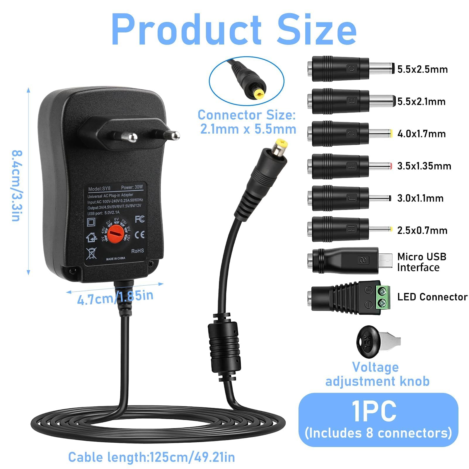 30W Adaptador Universal de 3V 4.5V 5V 6V 7.5V 9V 12V 2A AC/DC, Cargador Universal 30W 12V, 8 Puntas para Adaptador Corriente 30W Universal, Fuente-Adaptadora con Voltaje Múltiple para Router LCD — view 2