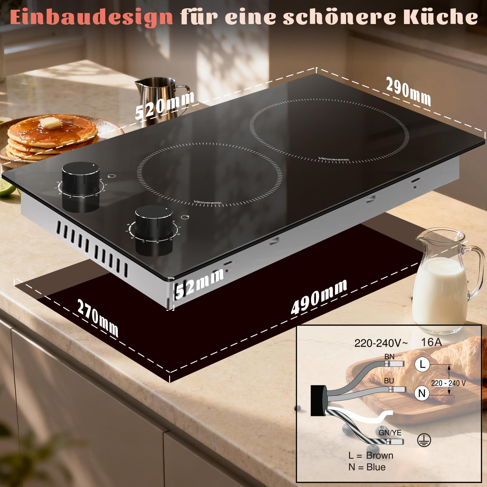 Glaskeramik-Kochfeld, 2 Zonen, Einbau-Elektroherd, 30cm, 3000W, 220-240V | Mit Drehreglern, 2 Platten, 9 Leistungsstufen, Restwärme-Erinnerung