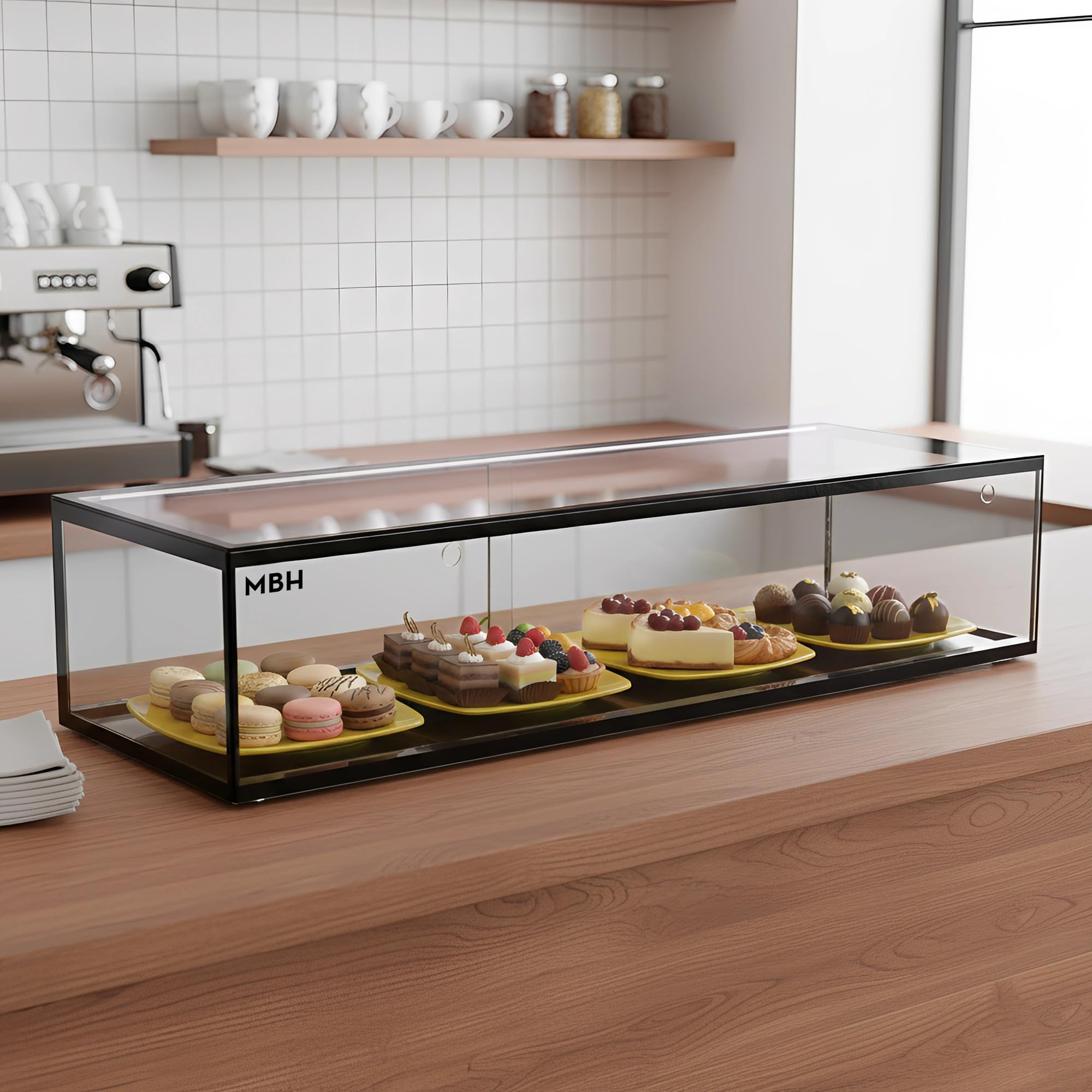 MBH - Vitrina Expositora Neutra de Sobremostrador 92x33 cm, Cristal Recto Templado, 1 Piso, con Iluminación LED, Puertas Traseras Correderas, para Bar, Cafetería, Restaurante, Bollería y Repostería.