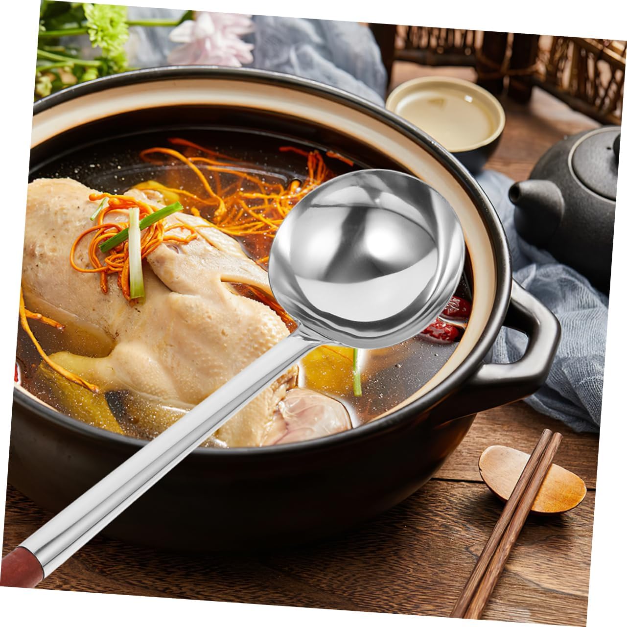 Long Handle Stainless Steel Soup Spoon Cooking Spoon Portable for Daily Use