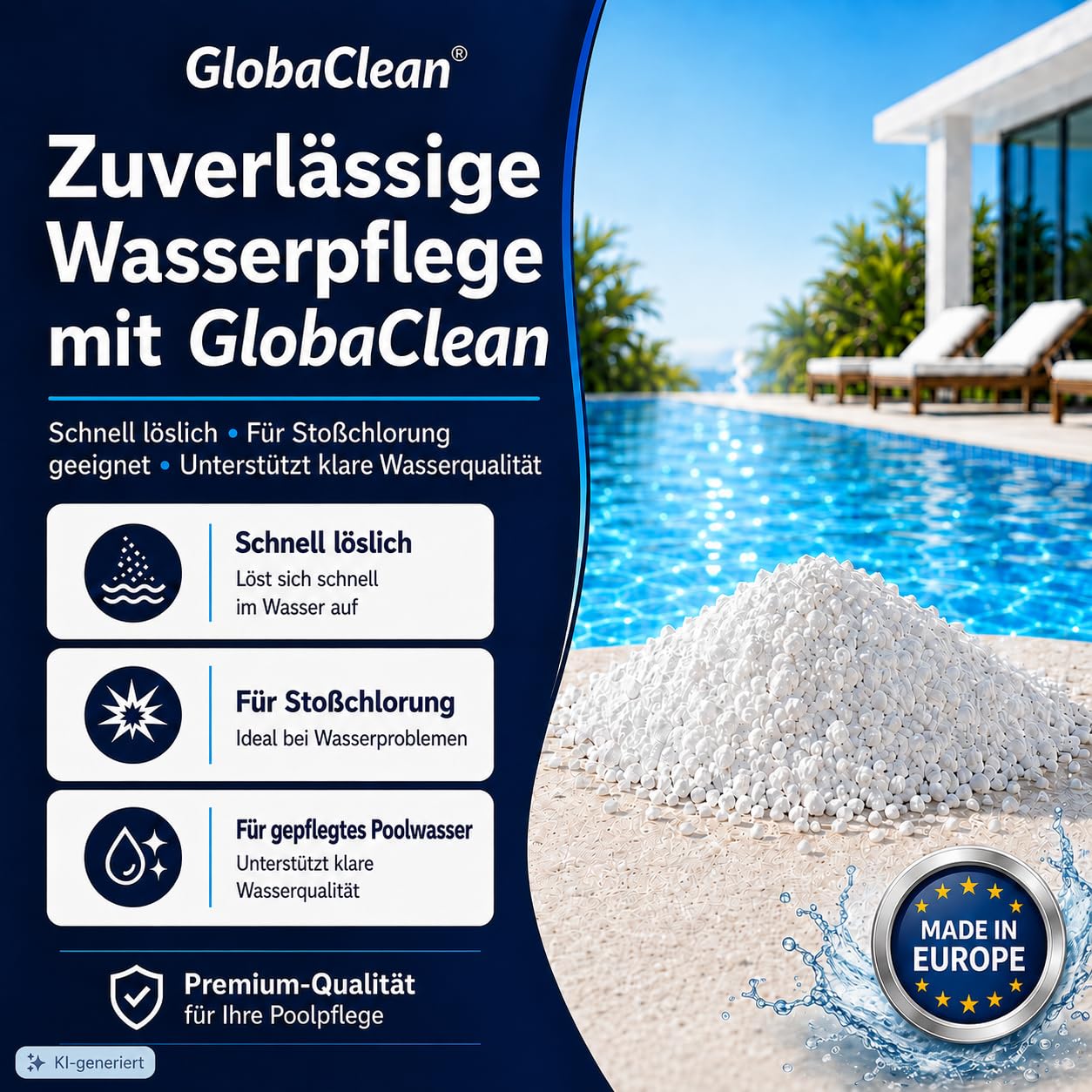 Chlorgranulat für Pool 5kg – Schnelllösliches Chlor Granulat mit 56% Aktivchlor – für Poolpflege, Schockchlorung & Stoßchlorung – gegen Algen & Bakterien