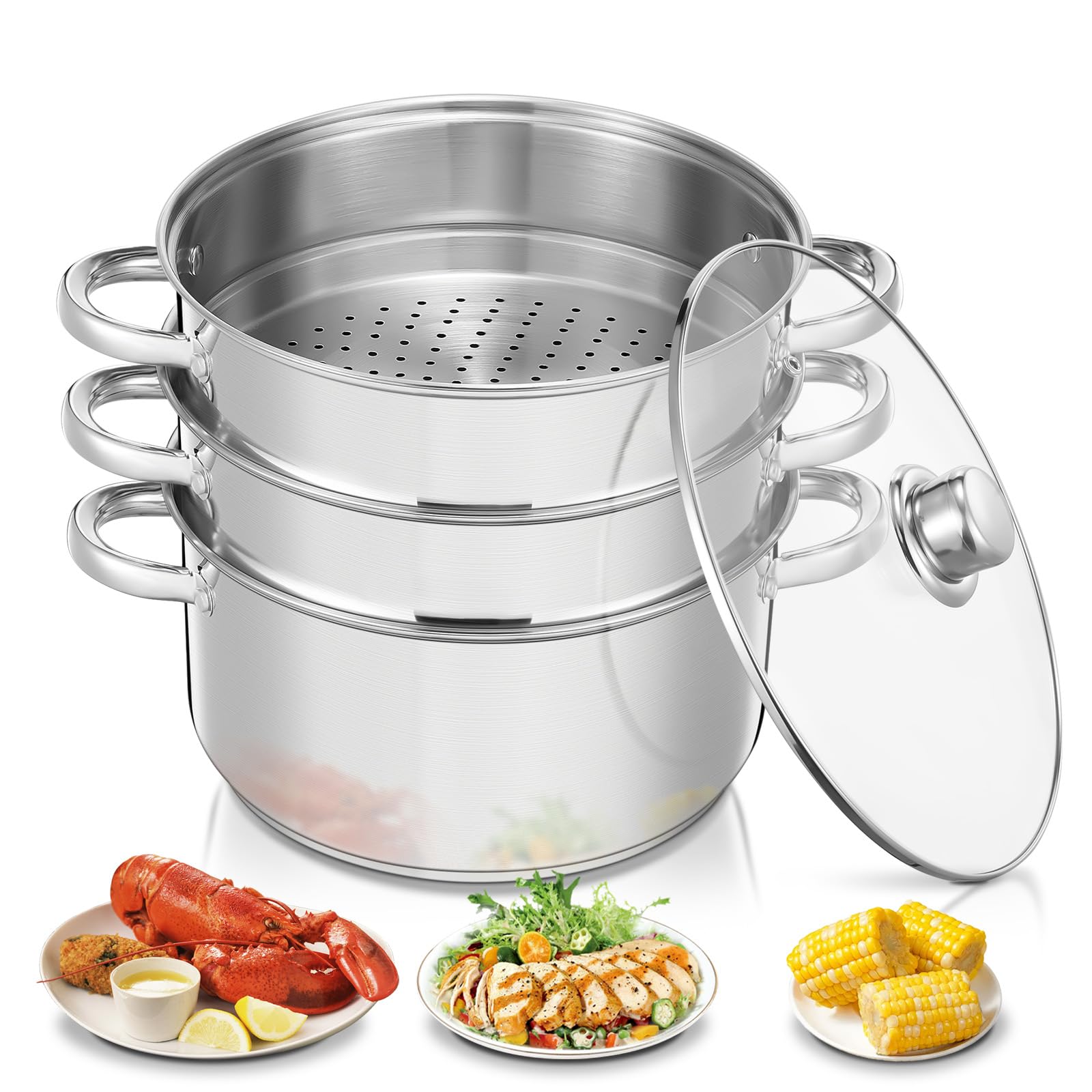 Pentola a Vapore in Acciaio Inox, Cuocivapore, Pentola (3 in 1), Diametro 26 cm, con Coperchio in Vetro, Cuocivapore per Tutti i Tipi di Fornelli, Anche a Induzione, Argento