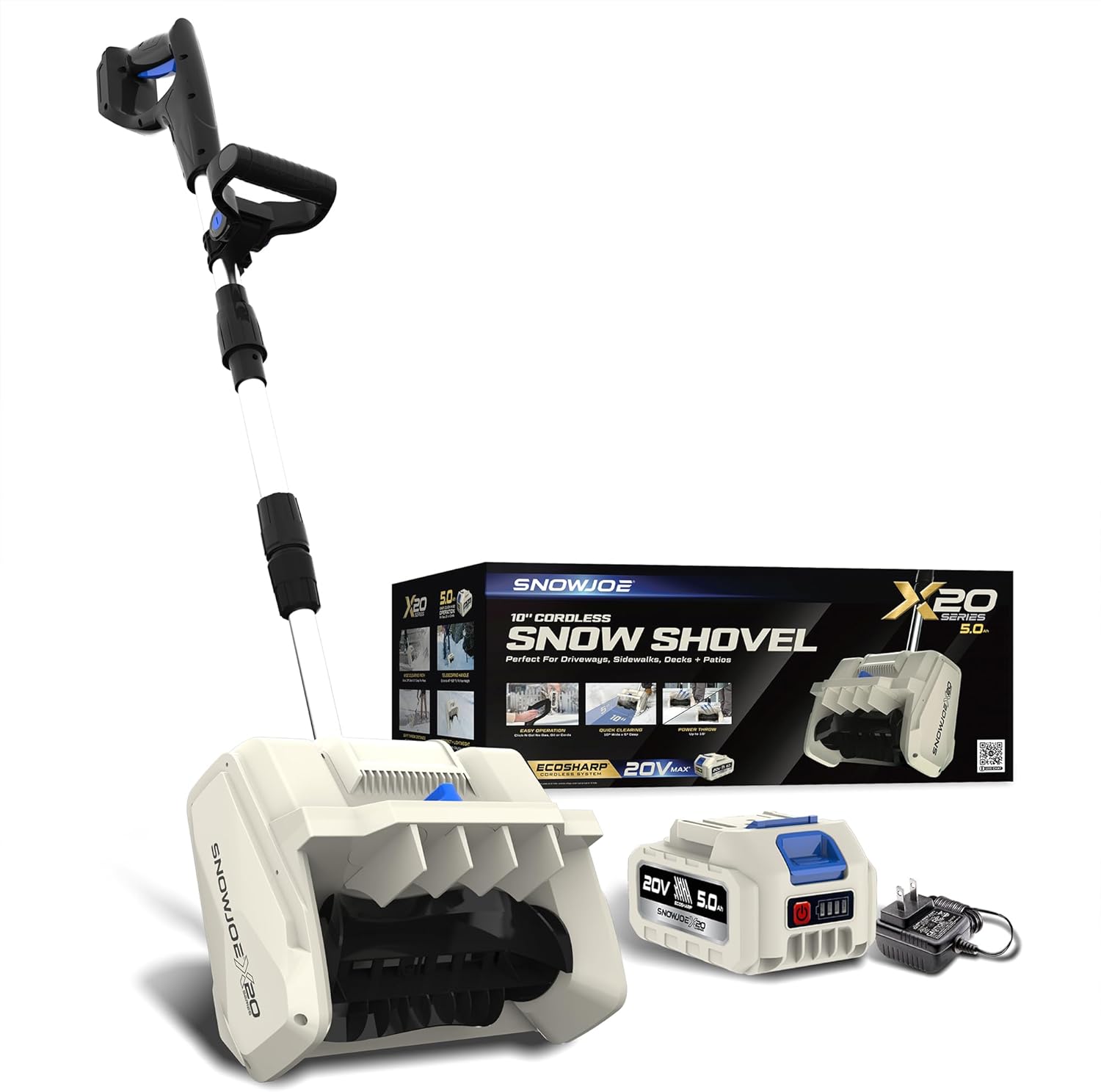 Snow Joe Cordless Electric Snow Shovel Kit with Adjustable Handle, Battery & Charger, 10-Inch Clearing Path, Up to 21,200 RPM - Heavy-Duty Shoveling Machine and Tool for Ice Removal, X20-SNOW-5A